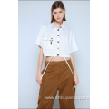 LADIES WHITE CROPPED BLOUSE WITH SHORT SLEEVES